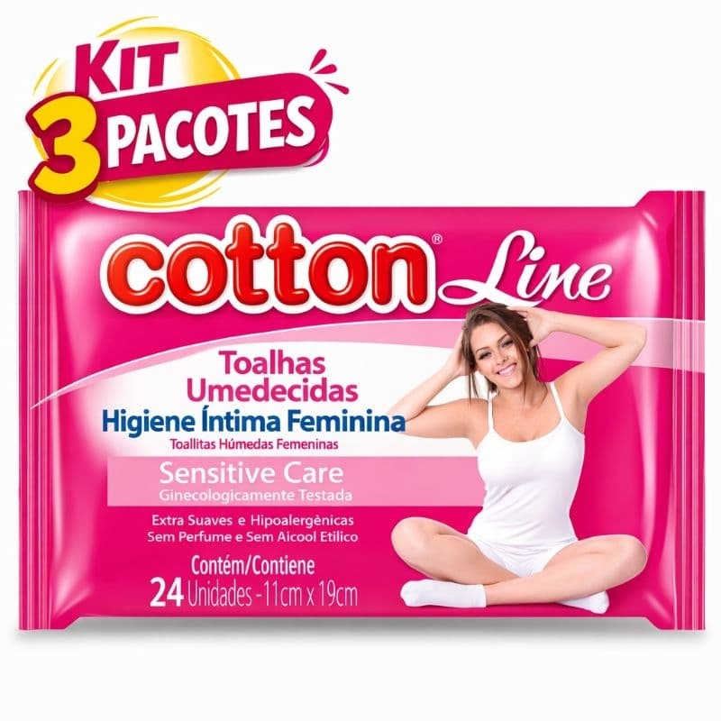 Cotton Line Toalhas Umedecidas Higiene Íntima Feminina Kit 3 Pacotes 24 Unidades