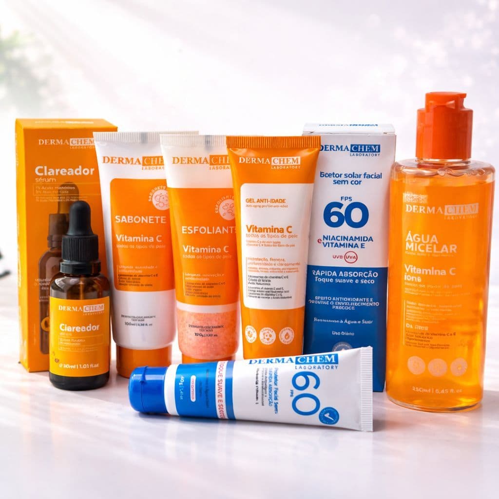 Kit Vitamina C Dermachem Skincare Completo Sérum Água Micelar Sabonete Esfoliante Gel Protetor FPS60