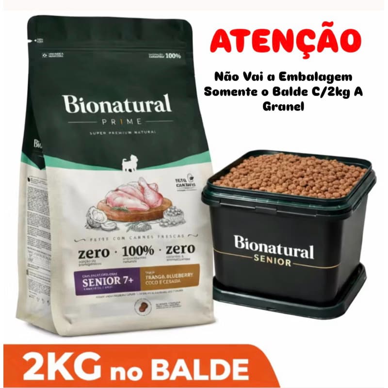 Racao Bionatural Para Cães Sênior Raças Pequenas 2kg à Granel No Balde Frango Blueberry Coco E Cevada