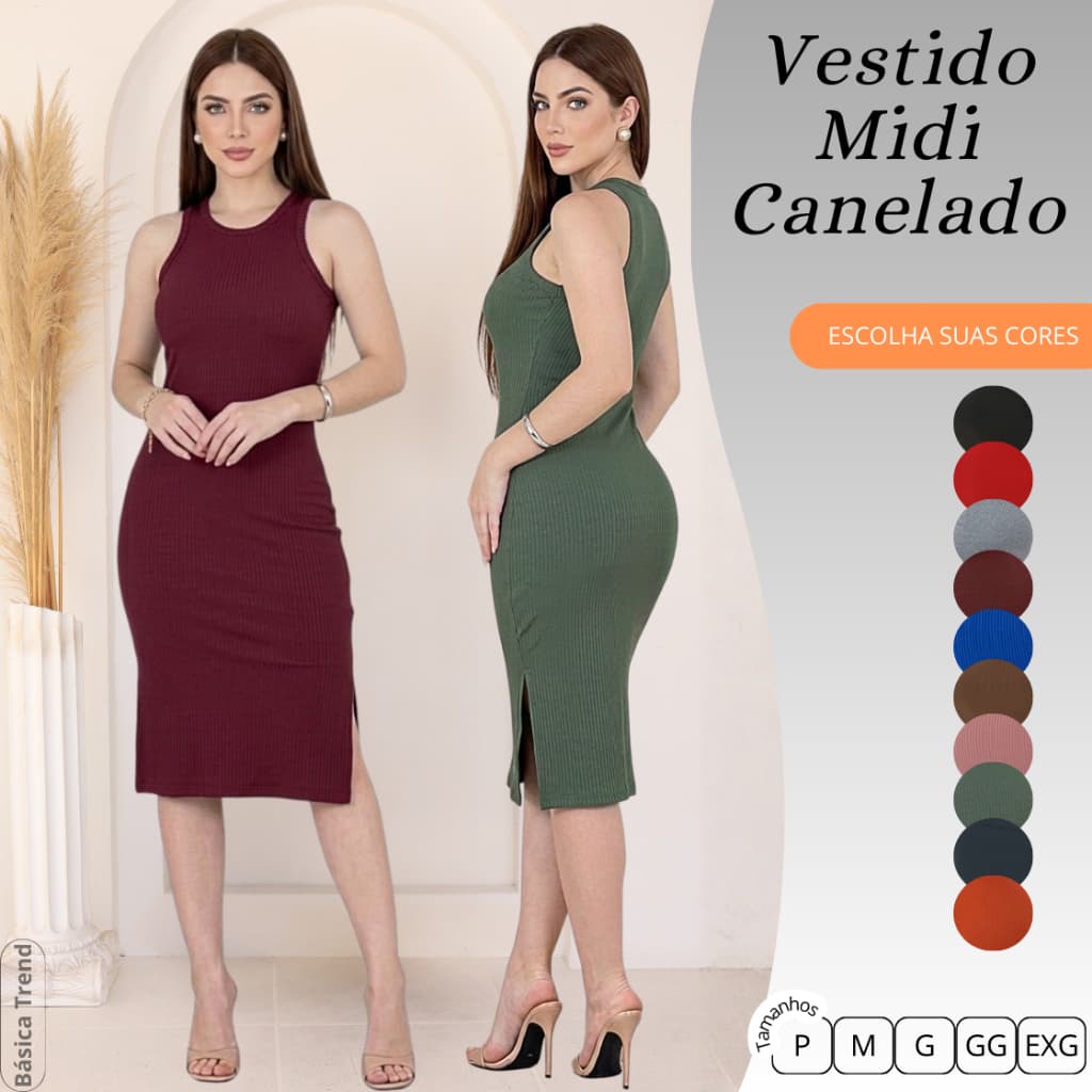 Vestido Midi Regata Canelado com Fenda Lateral Feminino  Elegante P ao EXG