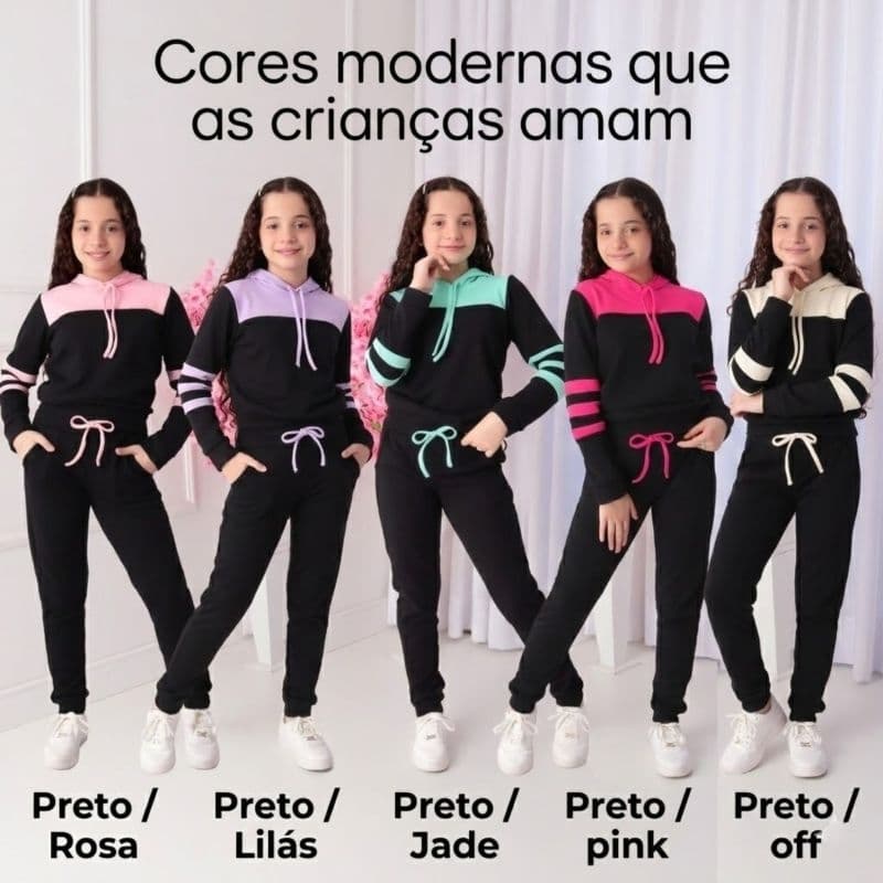 Conjunto Feminino Moletom Infantil Juvenil Bicolor Com Capuz ( 4 ao 14 anos )