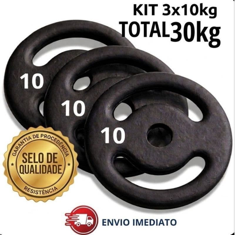 Kit 3 Anilhas 10kg (3×10kg) Ferro Fundido Pintura Reforçada Academia Treino Pronta Entrega Envio Imediato.