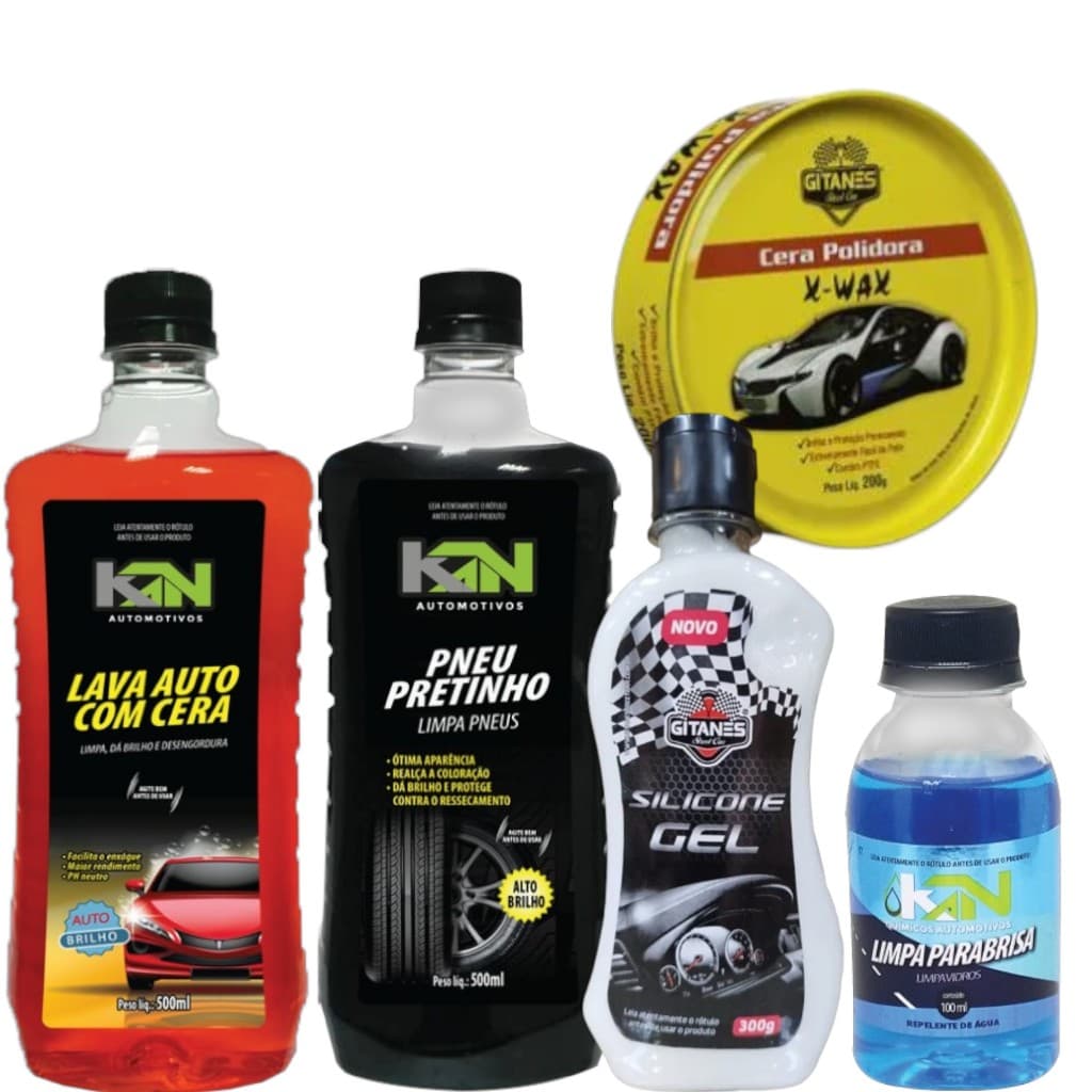 KIT LIMPEZA CARRO SHAMPOO 500ml PRETINHO 500ml SILICONE300 ml PARABRISA100ml+ Cera lata 200gr
