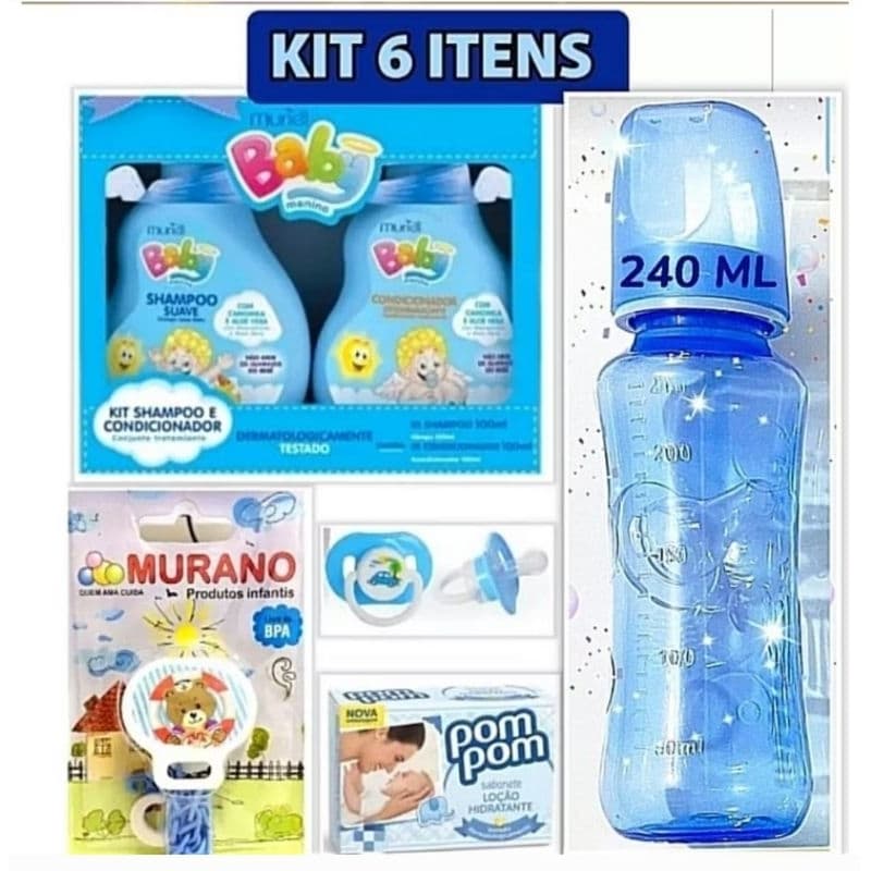 Kit presente mamãe bebê lembrancinha chá de fraldas 6 itens Shampoo Condicionador Muriel Sabonete Pompom Mamadeira 240