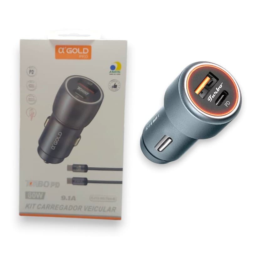 A'GOLD - CARREGADOR VEICULAR 60W COM 2 PORTAS, SENDO: 1 USB E 1 USB-C, CARREGAMENTO RAPIDO 9.1 + 1 CABO TIPO C