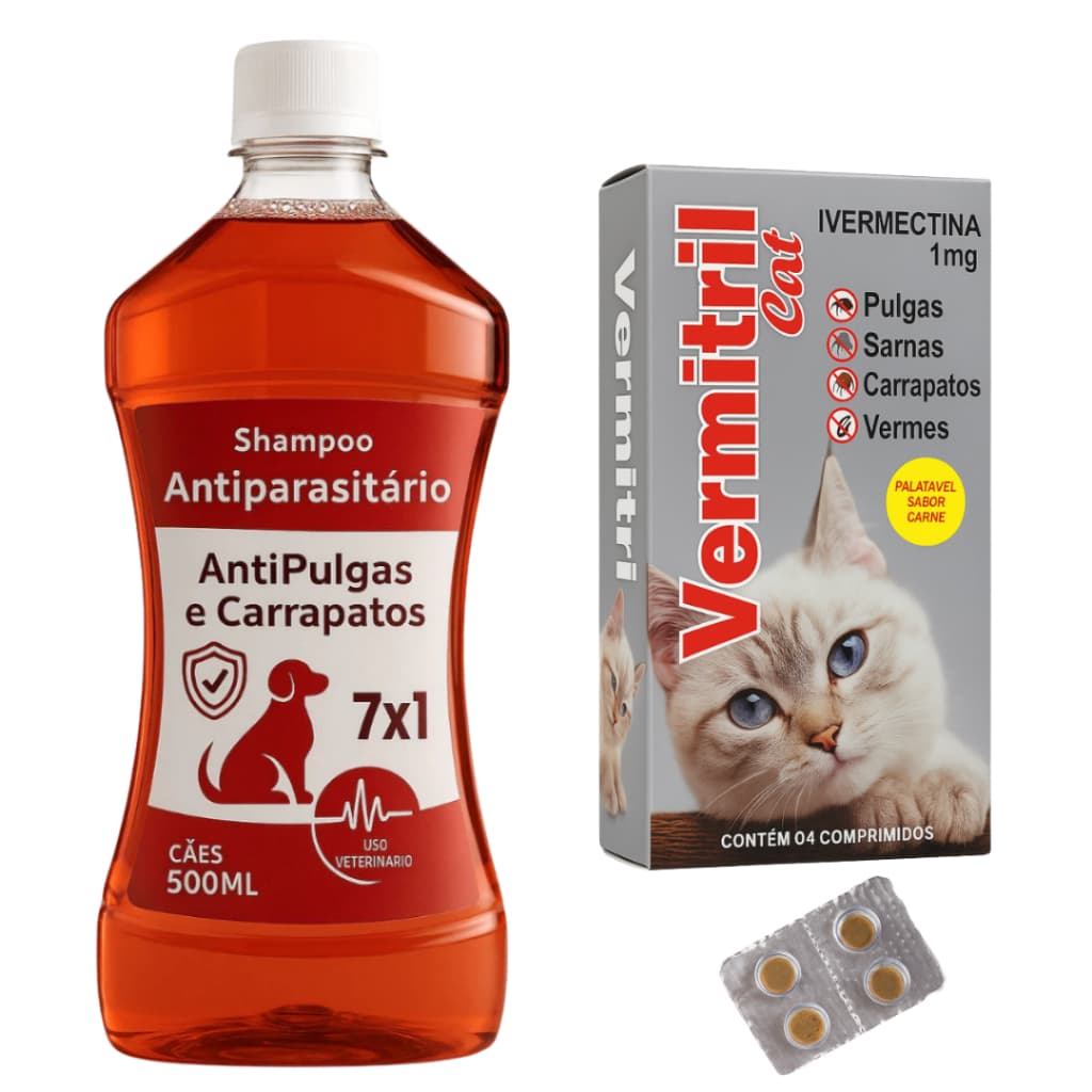 Kit tratamento anti pulgas para gatos - 4 Comprimidos mastigáveis + Shampoo 7 em 1