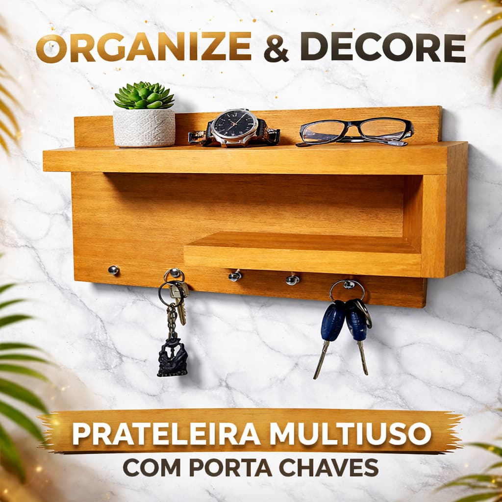 Prateleira Multiuso com Ganchos Organizador Parede Moderna Preta Decoração Premium