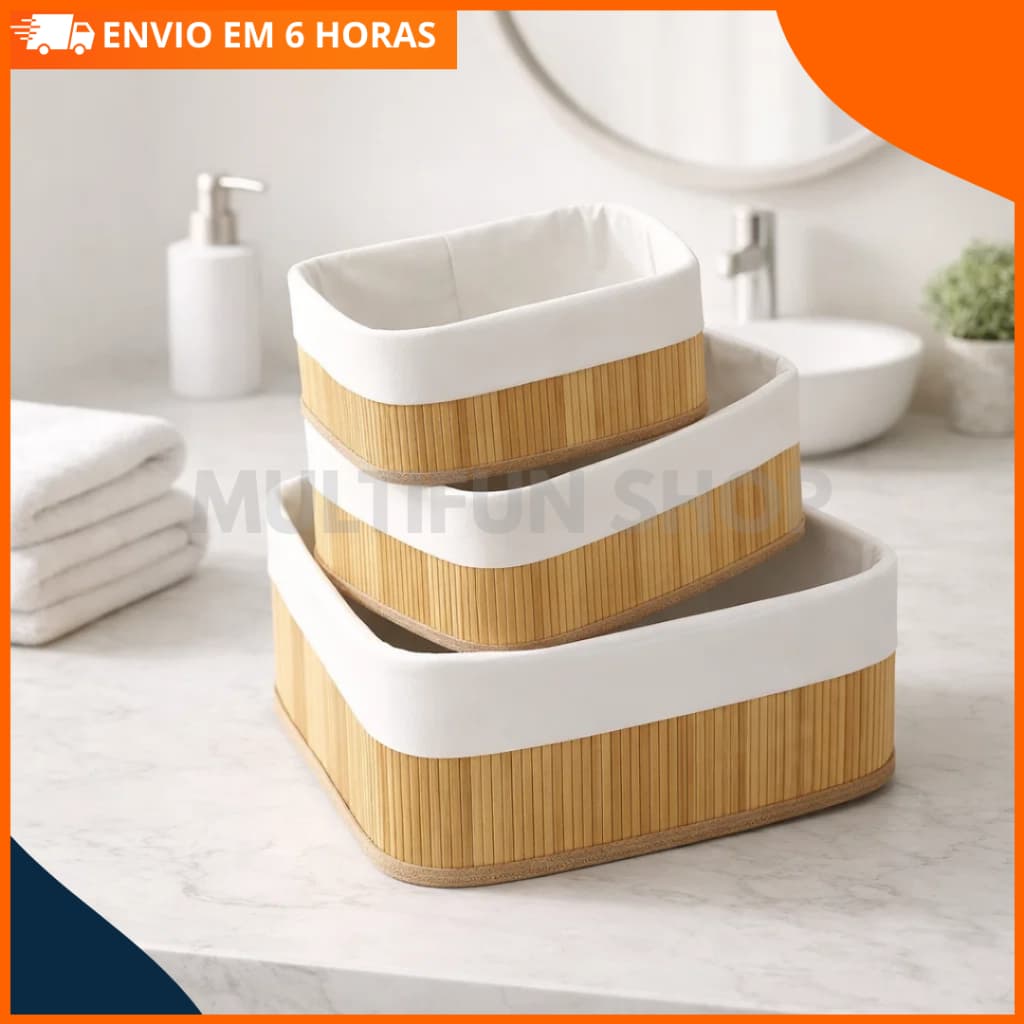 Kit 3 Cestos Organizadores de Bambu Premium Multiuso para Banheiro Cozinha e Lavanderia