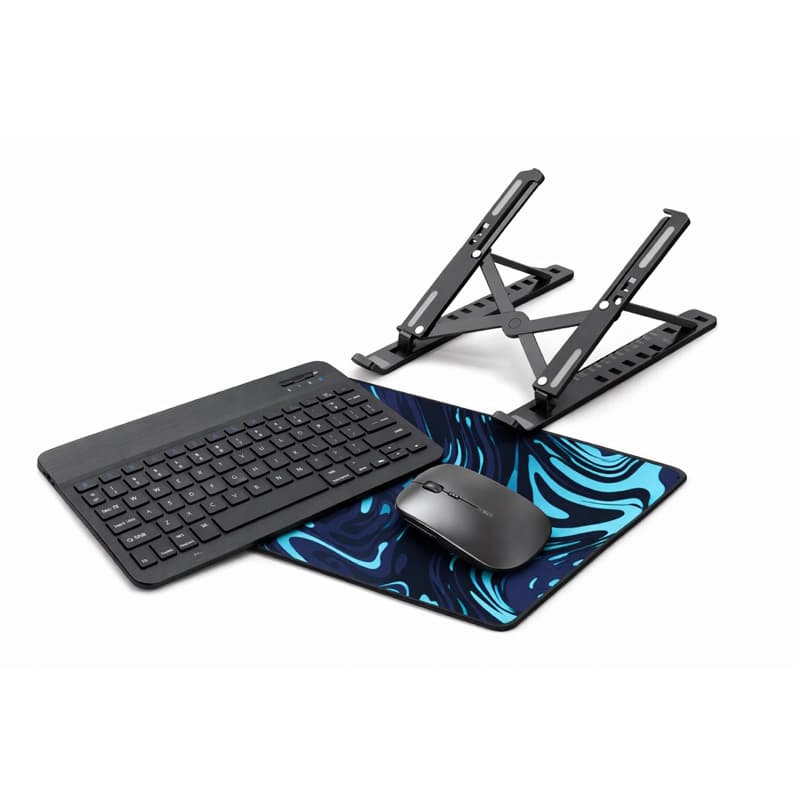 Kit Setup Completo 4 em 1 Gamer/Office – Teclado + Mouse Bluetooth + Mousepad Premium + Suporte Notebook Ajustável