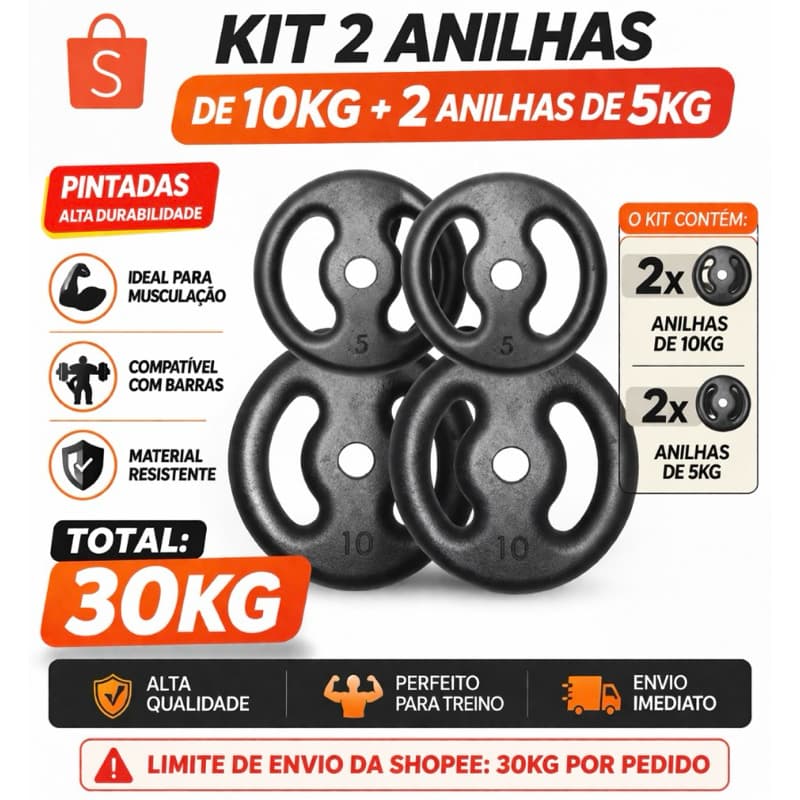 Kit Anilhas 30kg Pintadas (2x10kg + 2x5kg) Musculação Academia Peso Livre Treino em Casa