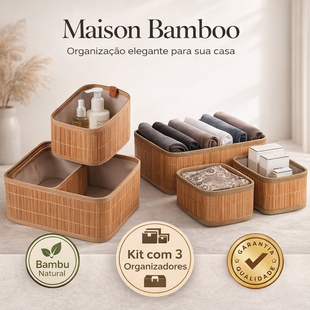 Bamboo Organizador de Bambu Kit 3 Cestos Decorativos Caixa Organizadora Multiuso Banheiro Quarto