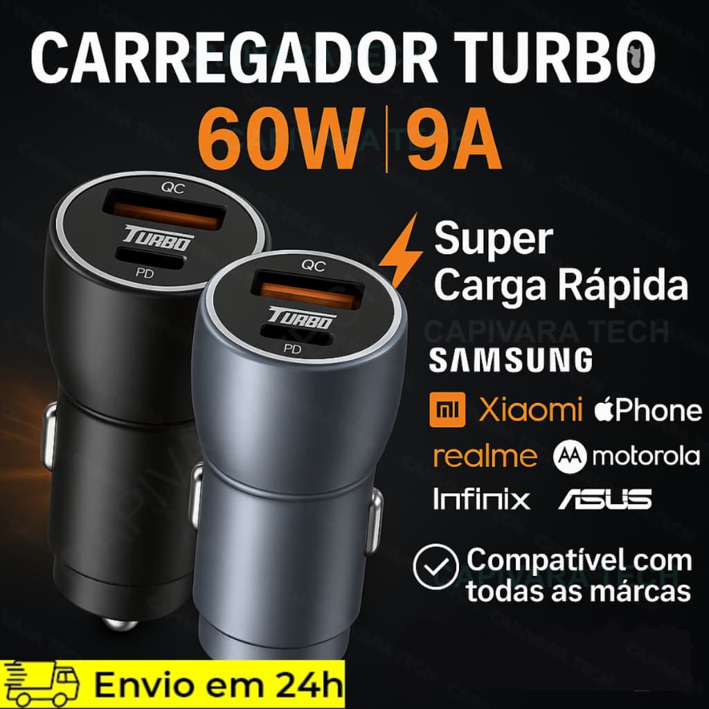Carregador Veicular turbo 60W TIPO C + USB 9A Carga rápida Universal
