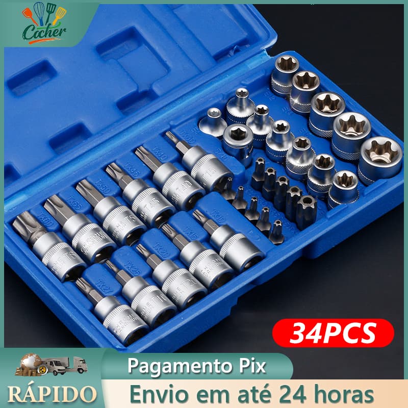 Kit 34 Peças Soquetes aço cromo vanádio Macho Femea 3/8 com Azul caixa Ferramenta