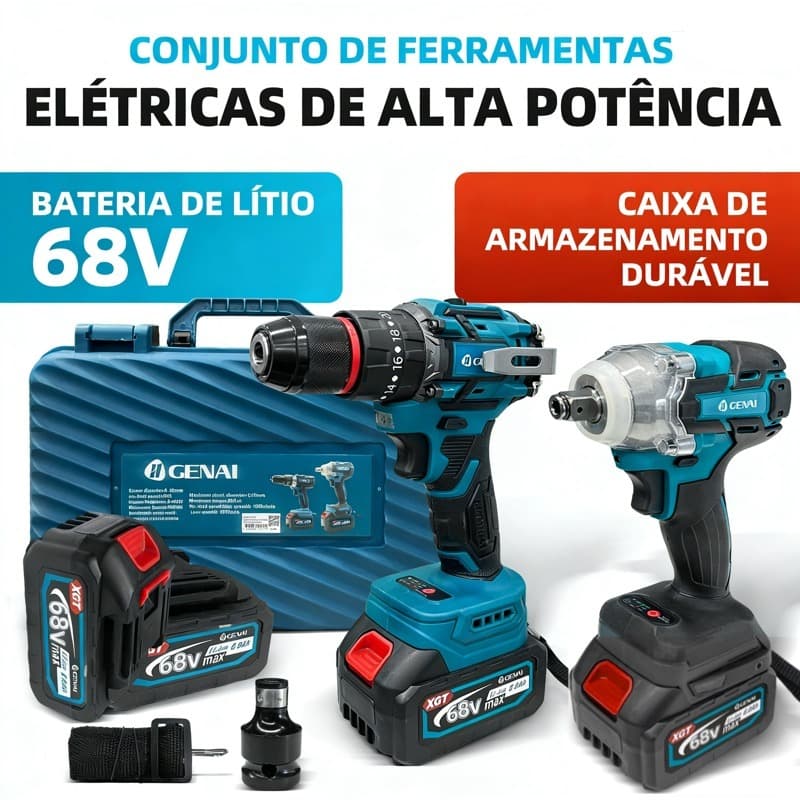 【GENAI】68V/21V Kit 2 ​​Furadeira Parafusadeira ​Elétrica​ e Chave de Impacto A Bateria Potente Brushless 2 Baterias