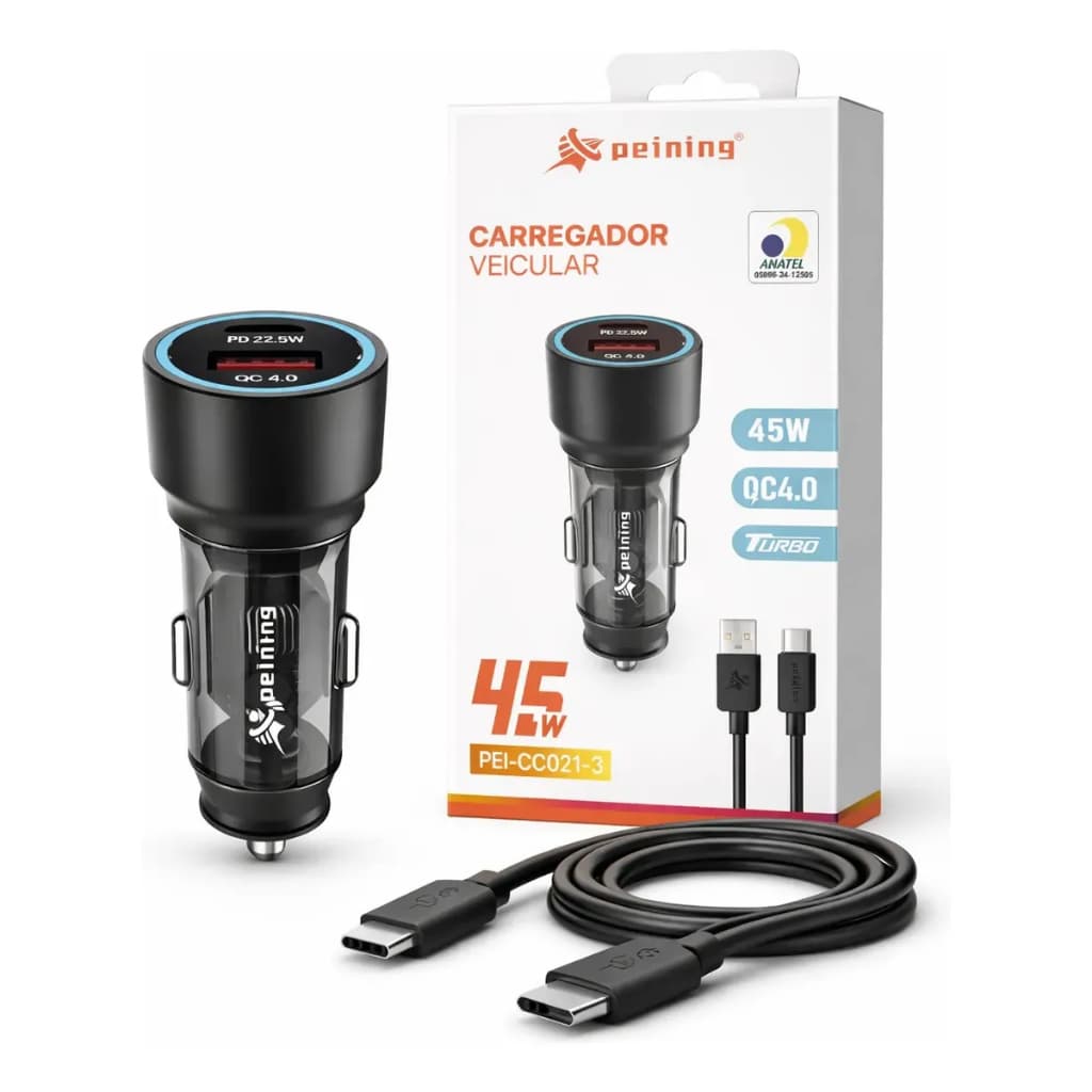 Carregador Veicular 45w Turbo Peining Pd Qc 4.0 Carga Rápida
