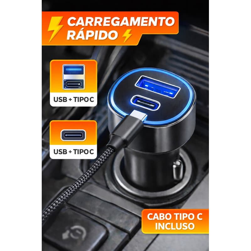 Carregador Veicular Turbo USB Duplo Carga Rápida 12V/24V Carro
