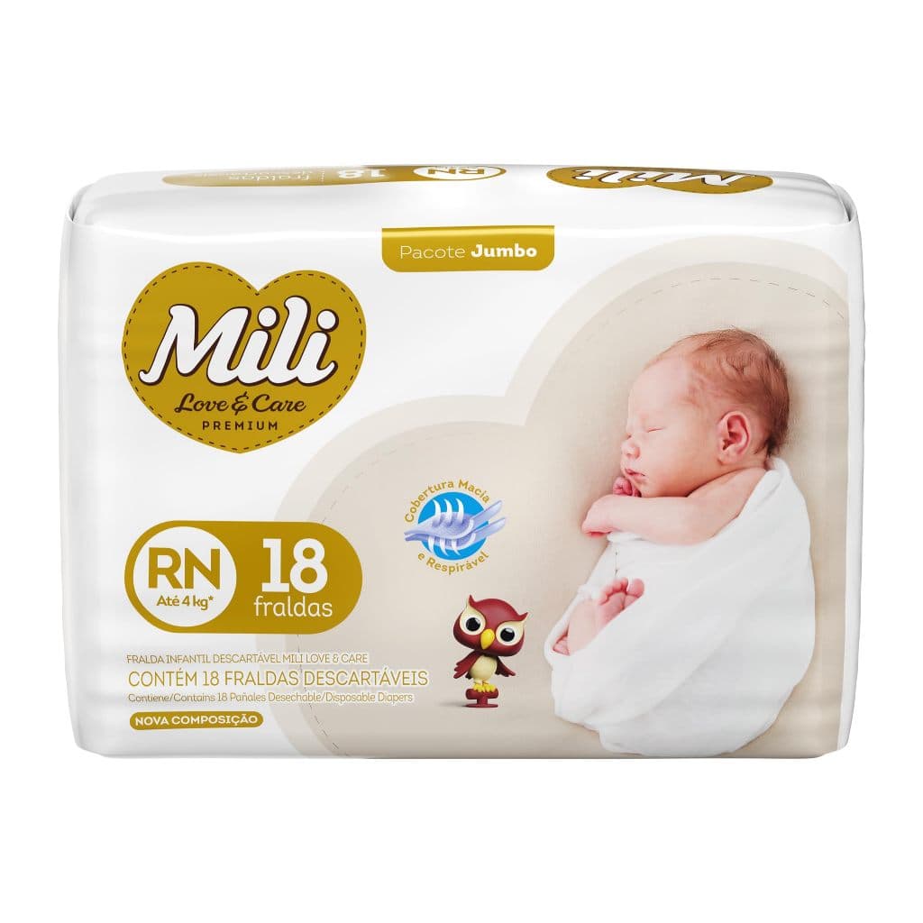 Fralda Infantil Mili Love & Care RN (Recém-Nascido) com 18 unidades