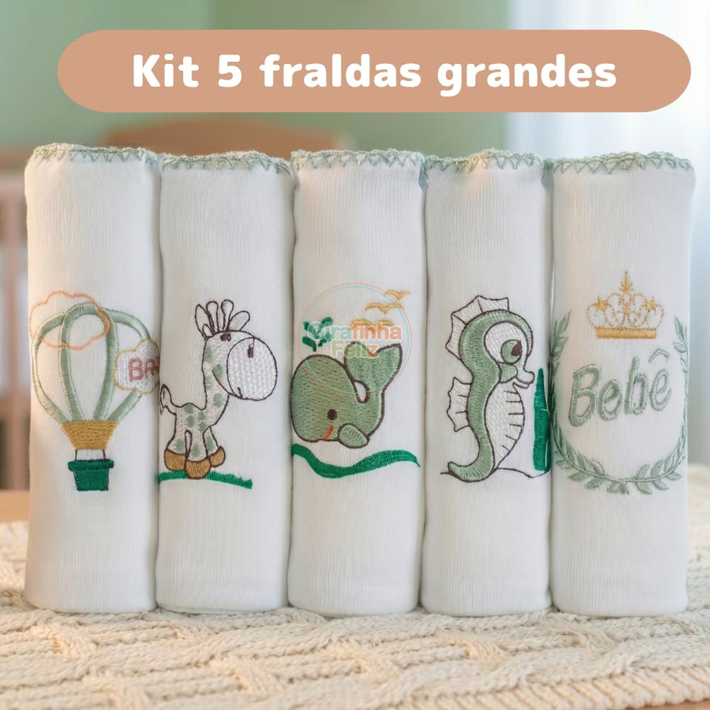 Kit 5 Fraldas de Pano Para Bebê Bordadas 70x70cm Tecido Duplo 100% Algodão Enxoval Menino Menina