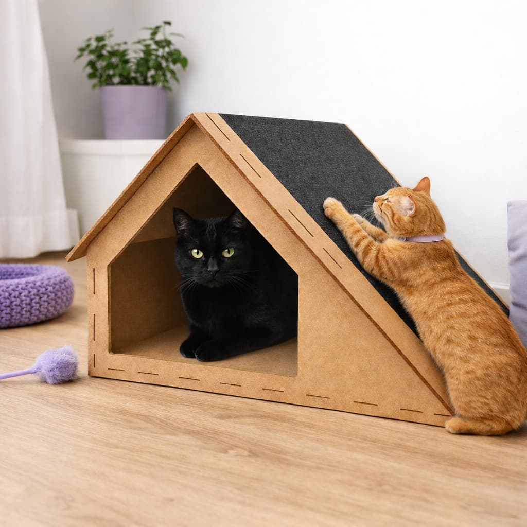 Casinha Gato MDF Arranhador e Rampa Playground Interativo
