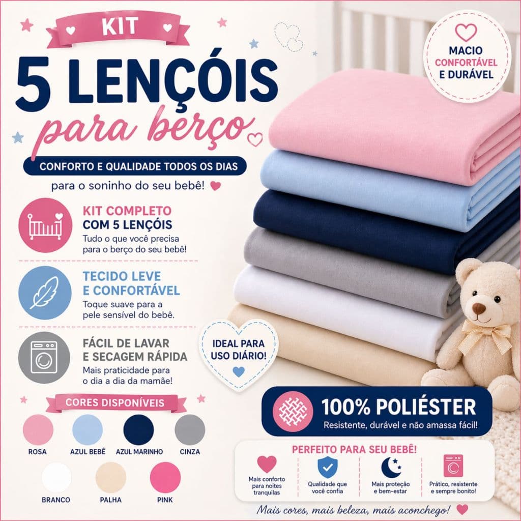 Kit 5 lençol de berço americano padrão avulso com elástico 100% poliéster