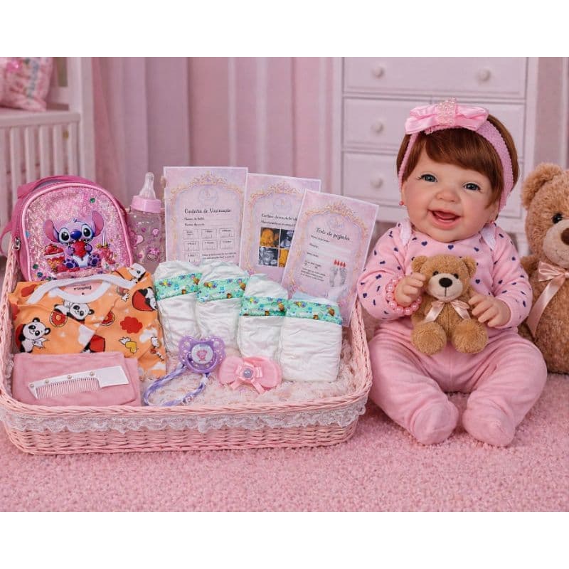 Bebê Reborn Articulada 100% Silicone + Enxoval Completo + Bolsinha do Stitch