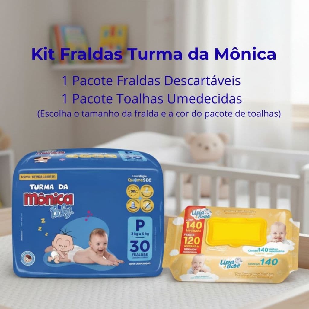 Kit Fralda Descartavel Turma da Monica Baby + Toalhas Umedecidas Upa Bebê – Cha de Bebê