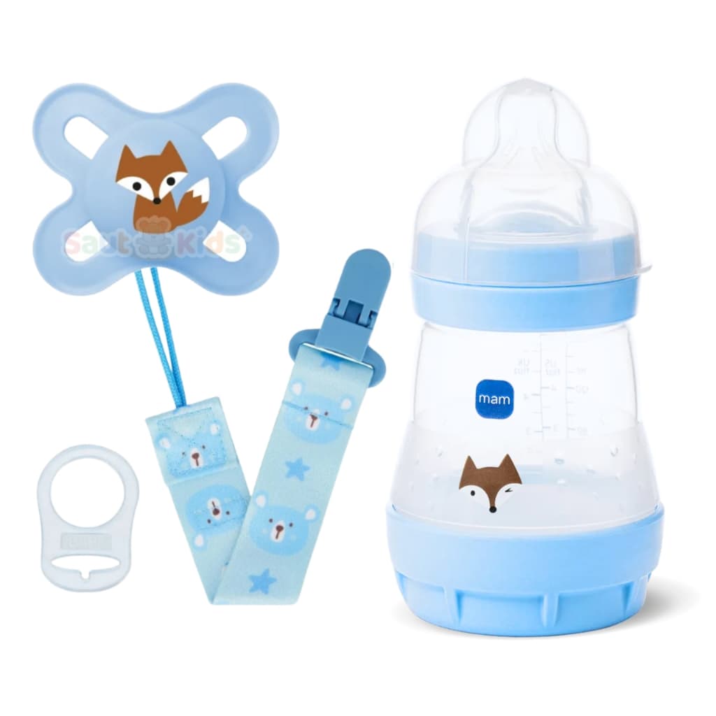 Kit Meninos Mamadeira MAM Chupeta Prendedor MAM 160ml Anticólica Chupeta MAM 0 a 2 meses Prendedor Buba Azul Bebê
