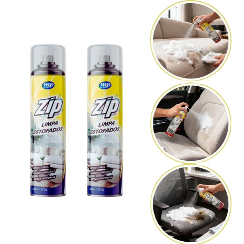Kit 2 Limpa Estofado Zip Spray 300ml – Remove Sujeira Sofá, Carro, Estofados e Colchão