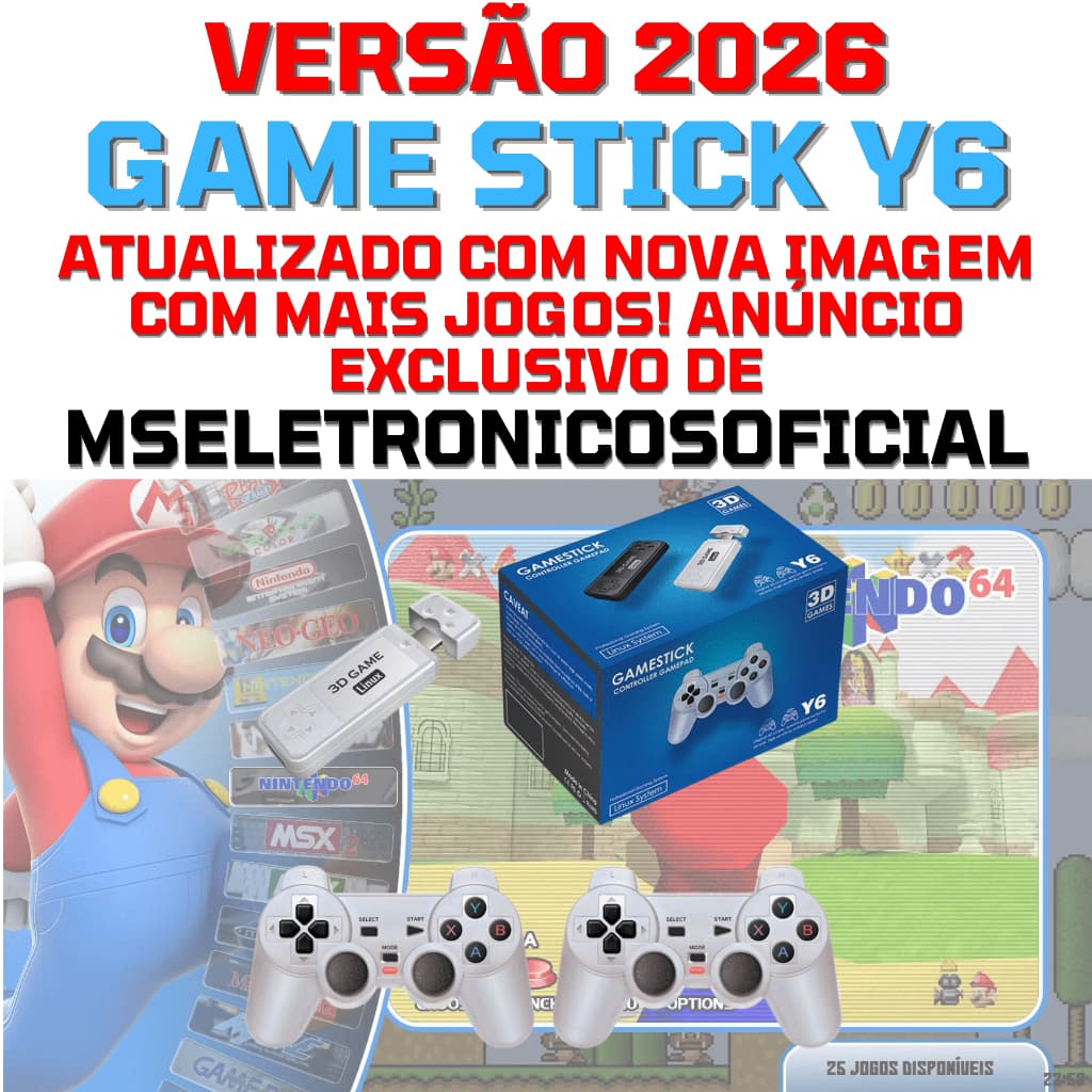Game Stick Y6 Original Atualizado Versão 2026 128GB COM MAIS JOGOS + 2 Controles Sem Fio Videogame