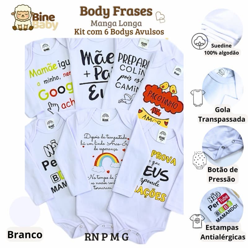 Kit Body Bebê Frases Manga Longa Suedine 100% Algodão Rn P M G Gola Transpassada Bebê Arco íris Enxoval Maternidade