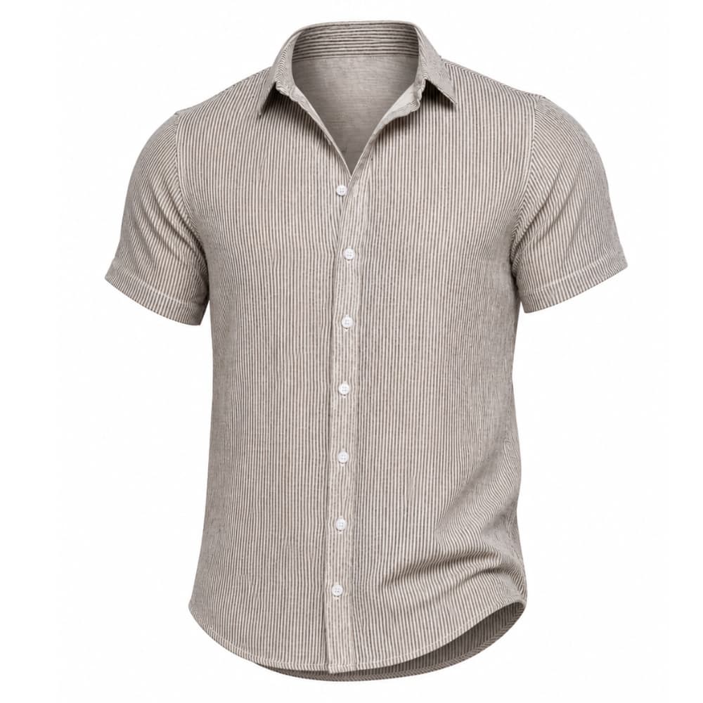 Camisa Linho Masculina Listrada Manga Curta Slim Fit Elegante Social Casual Verão Premium