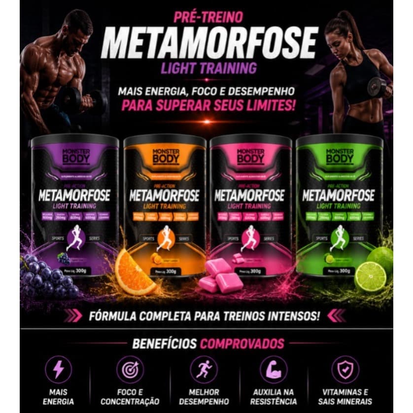Metamorfose pré treino caféina - Beta alanina + associações 300gr monster body