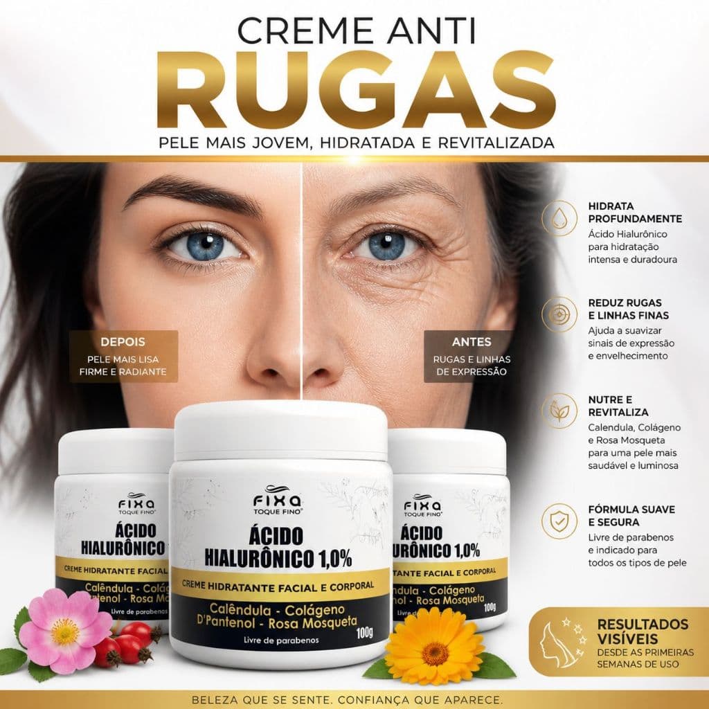 Creme Facial Ácido Hialurônico 120g Anti Idade Reduz Rugas Linhas de Expressão