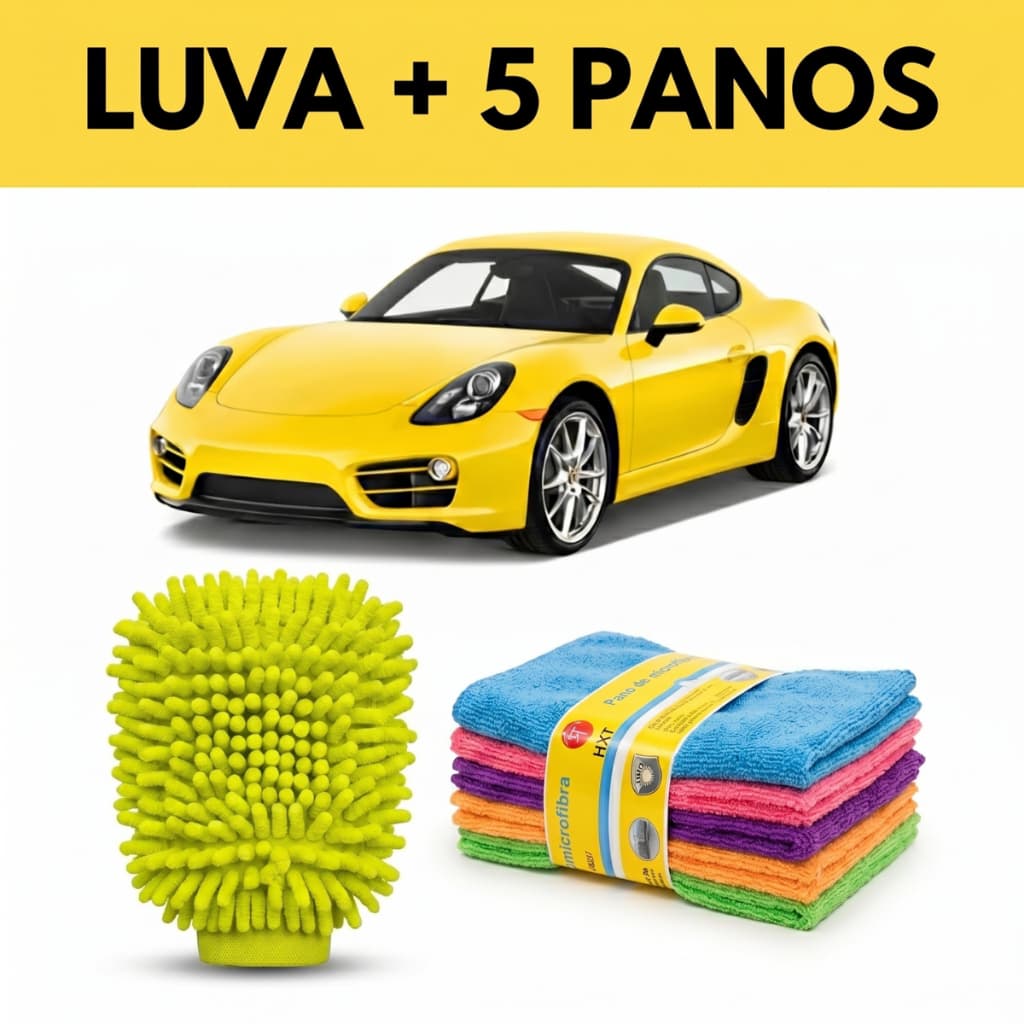Kit de Lavar Carro Luva + 5 Panos Microfibra Limpeza Automotiva Moto Vidro Flanela Multiuso