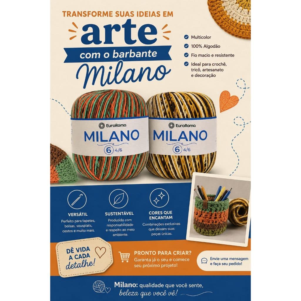Barbante EuroRoma Milano nº 6 Fio Ecológico Mesclado para Croche +  artesanato + trico