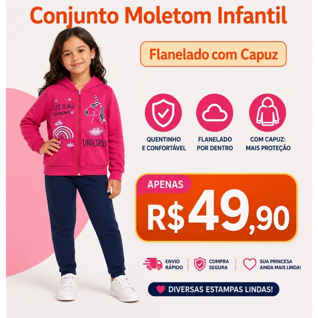 Moletom Infantil Feminino conjunto Flanelado com Capuz Inverno Tamanho 4 6 8