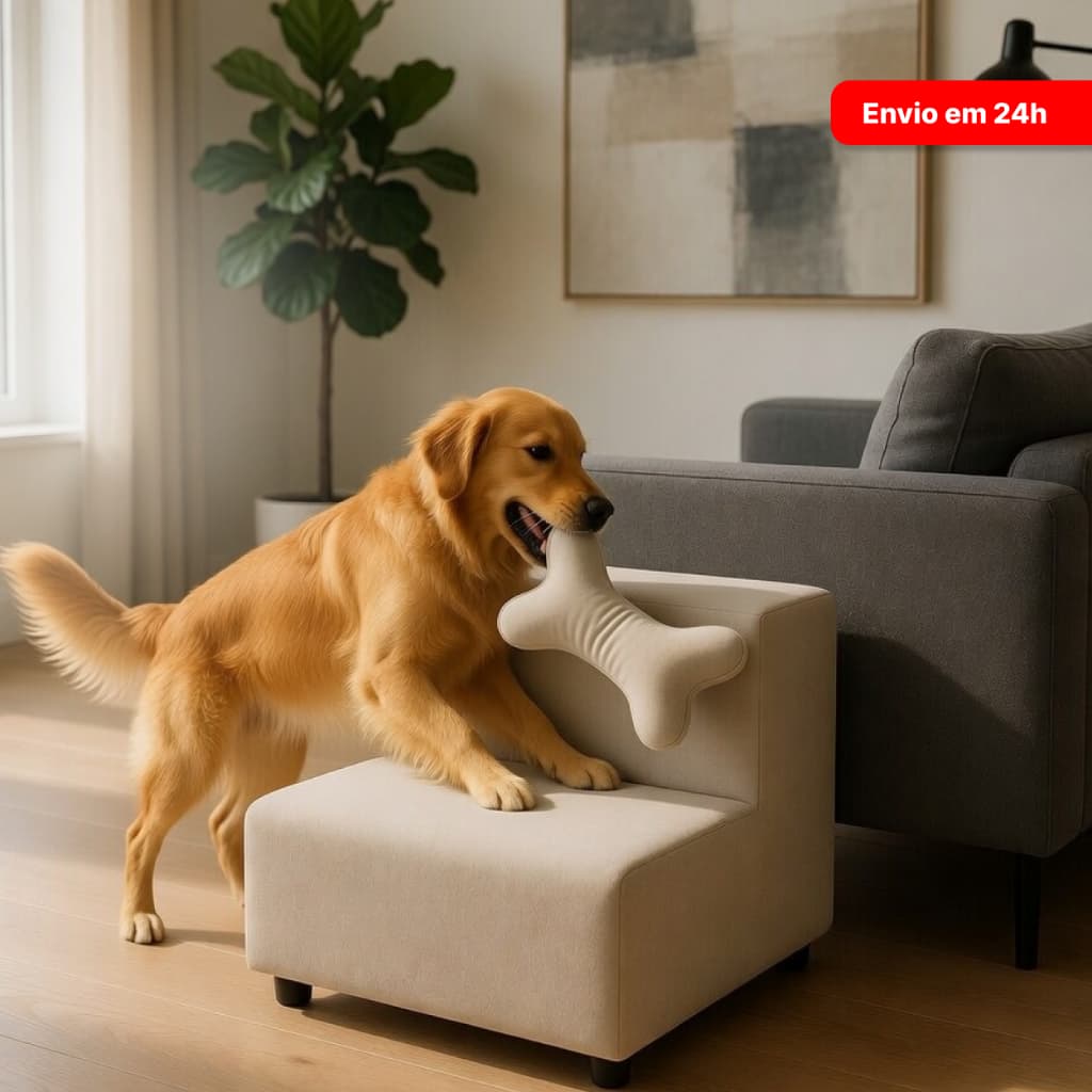 Escadinha Pet 2 Degraus Suede Luxo Para Sofá e Cama Osso Brinquedo Incluso Cachorro e Gato