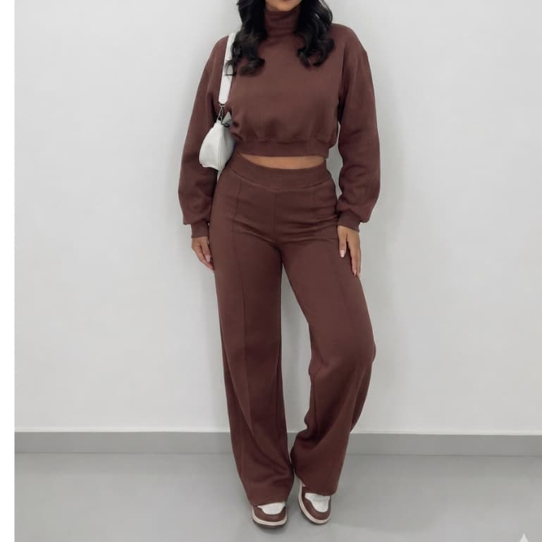 Conjunto Moletom Feminino Cropped Manga Longa Gola Alta Calça WideLeg Moletom Premium Estilo Moderno