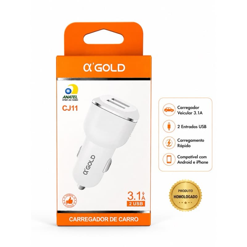 Carregador Veicular Turbo 3.1A Dual USB α’GOLD CJ11 Homologado ANATEL Para Android e iPhone