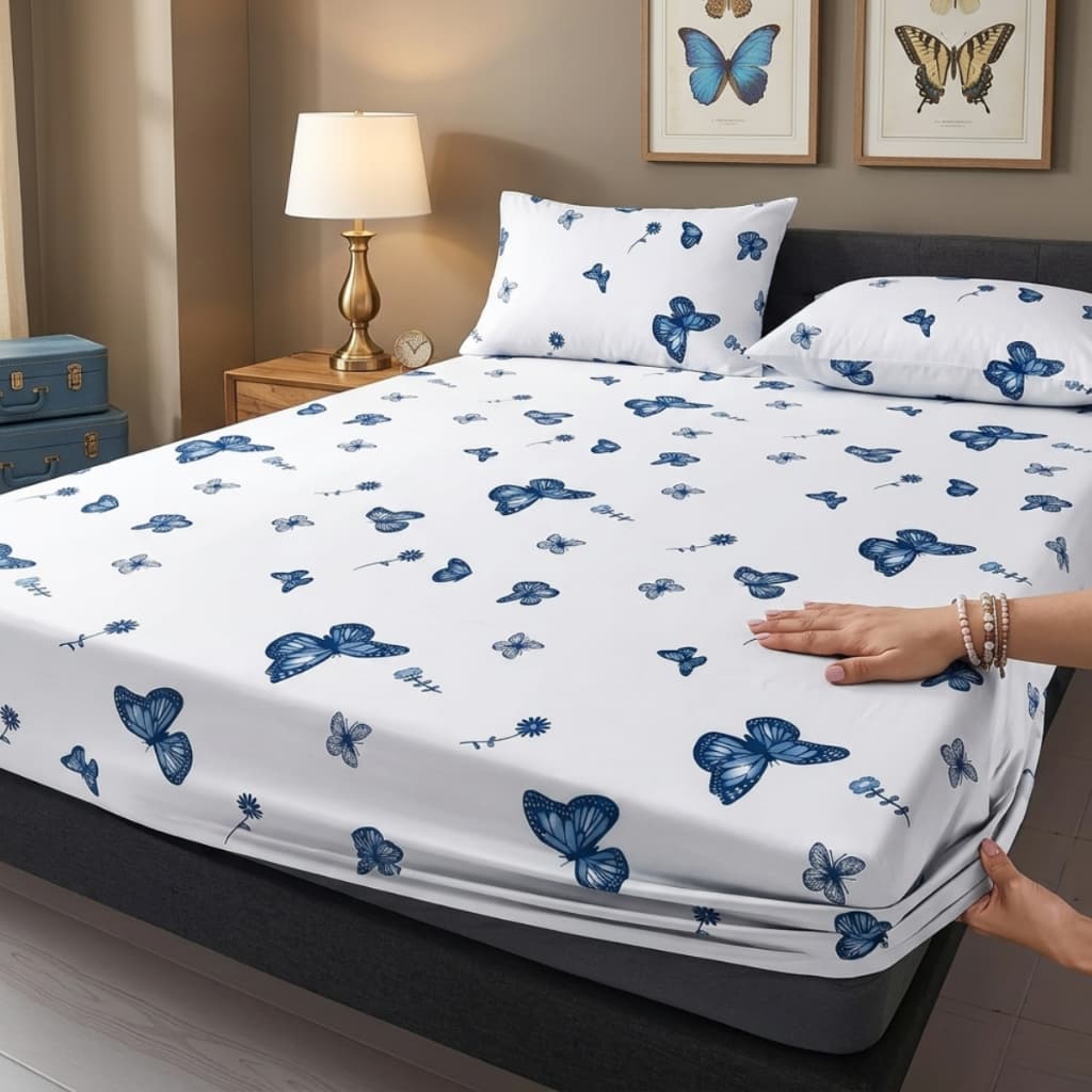 Jogo De Cama Estampa Borboleta Algodão C/ Elástico Solteiro Casal Queen