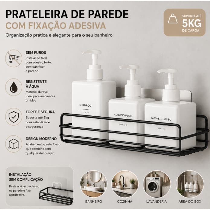 KIT Prateleira Organizadora para Banheiro sem Furo Suporte Shampoo Parede Preto