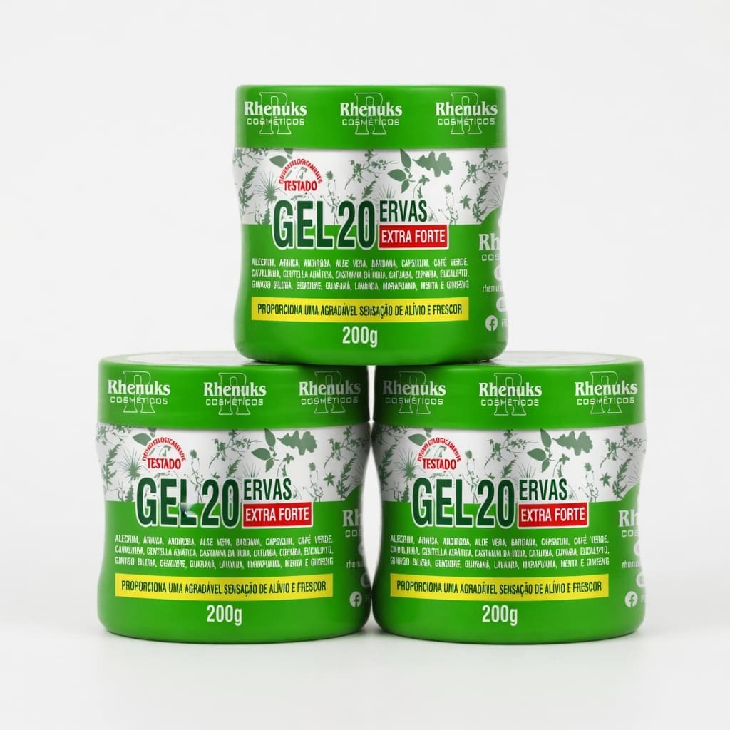 Kit 3 Gel 20 Ervas Extra Forte 200g Massageador Refrescante Alívio Muscular Rhenuks