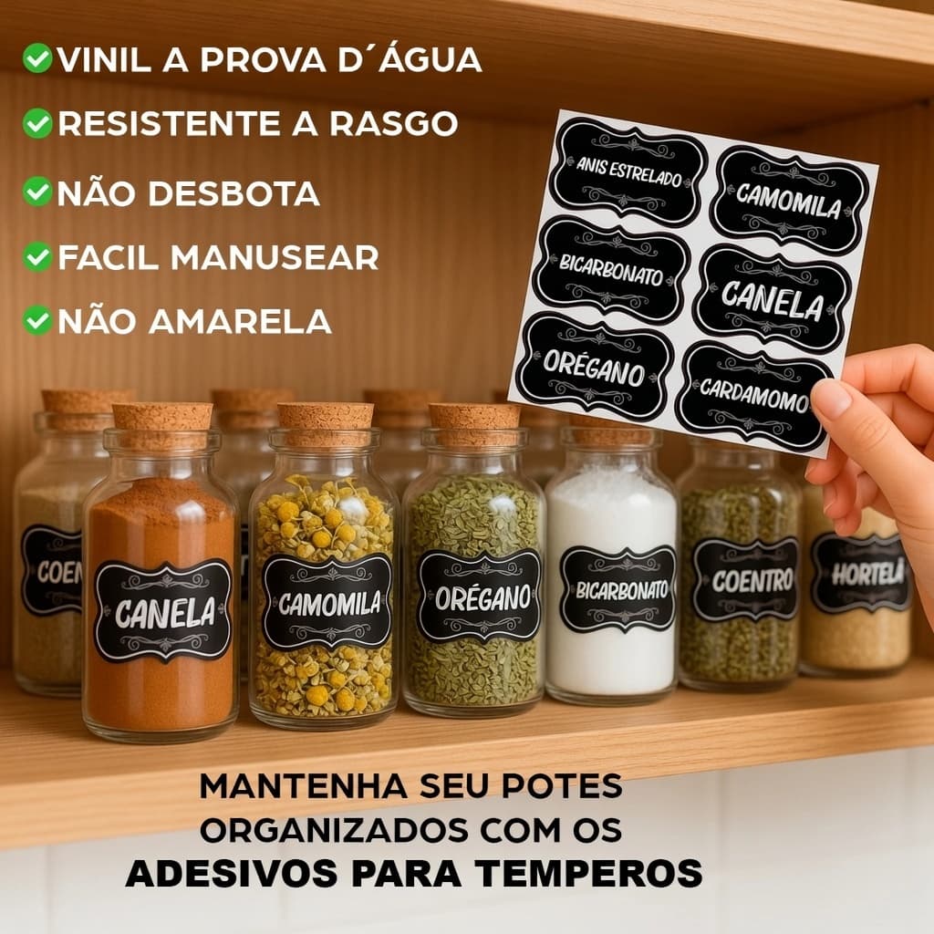50 Adesivos para potes de temperos, etiquetas resistente à água para condimentos e especiarias 5x3cm