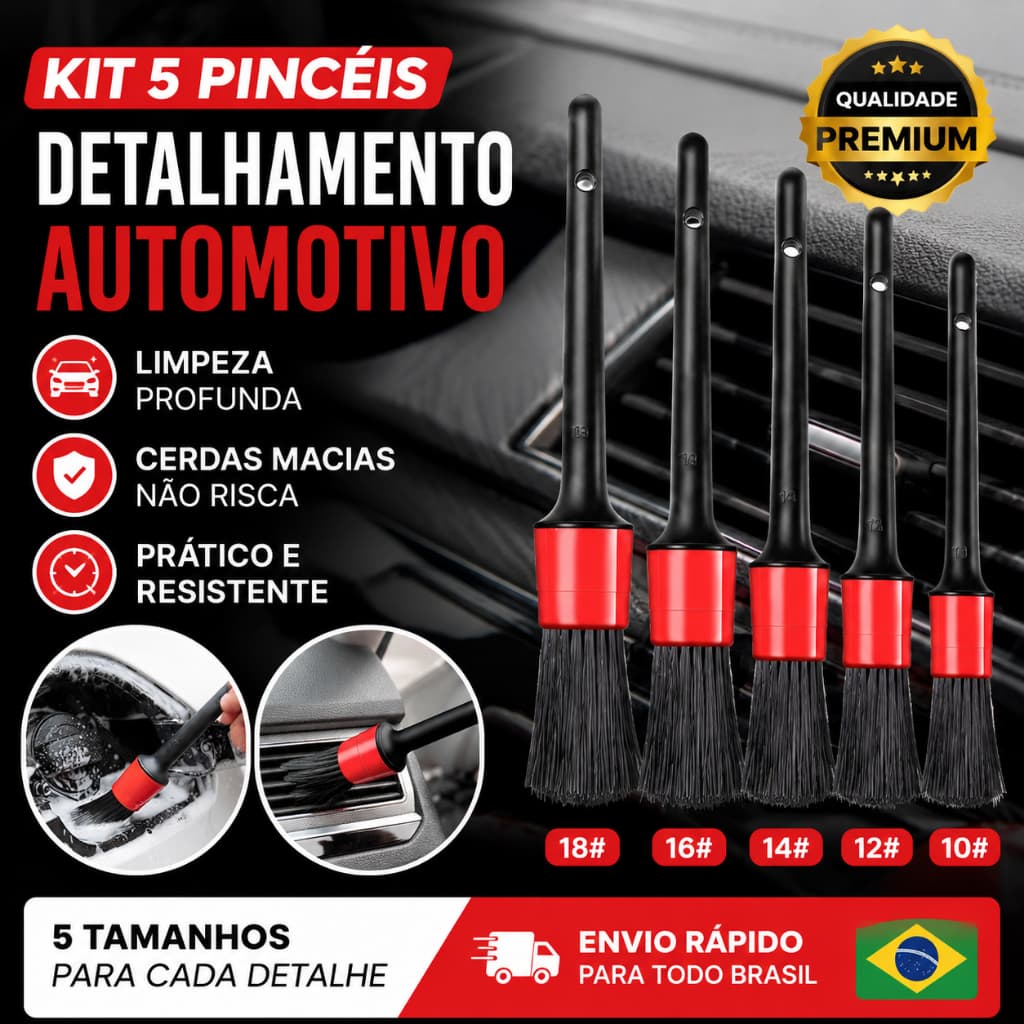 Kit 5 Pincéis Detalhamento Automotivo Limpeza Interna Externa Carro Moto Cerdas Macias Anti Risco