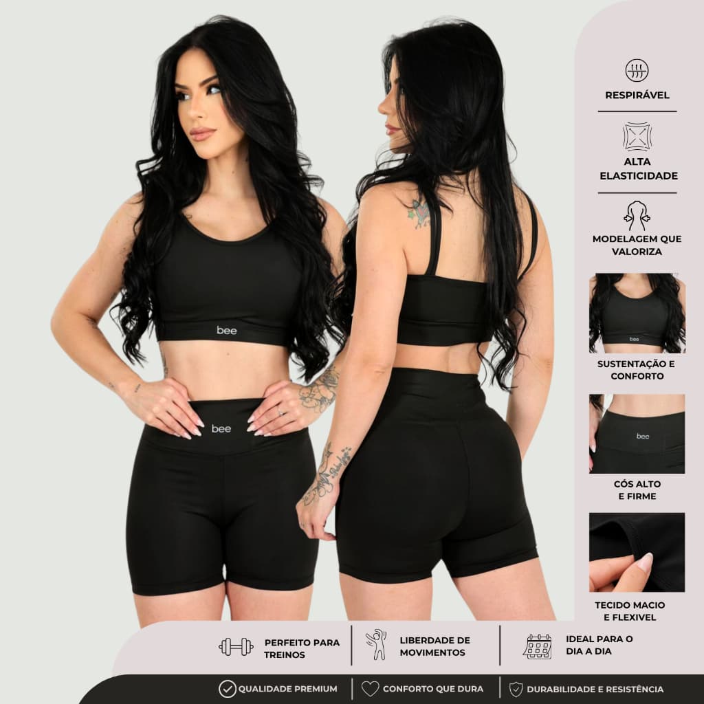 Roupa de Academia Feminina Fitness Treino Conjunto Short Top Cós Alto Premium