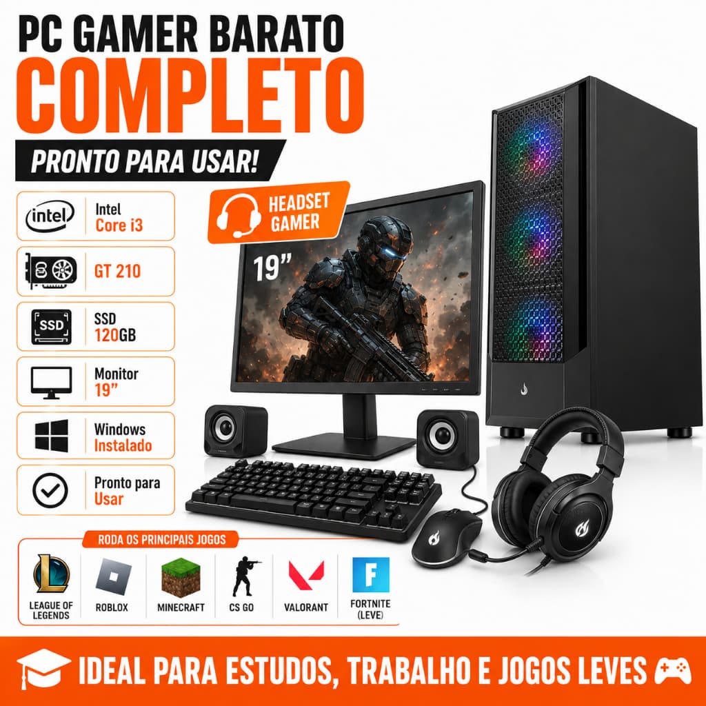 PC Gamer Barato Completo i3 GT 210 SSD 120GB Headset Gamer Monitor 19 Windows