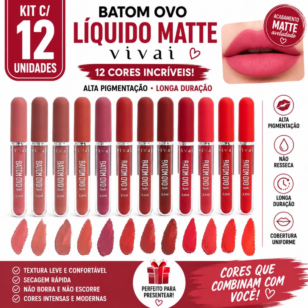 Kit C/12 Batom Ovo Líquido Matte Vivai 12 Cores Alta Pigmentação