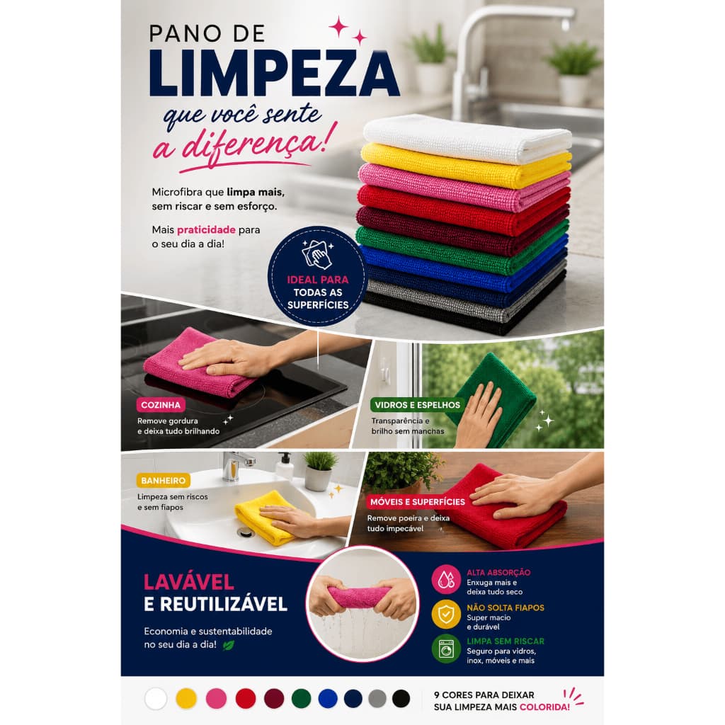 Kit Pano Microfibra 40x50 Multiuso Alta Absorção Não Risca Limpeza Casa Carro