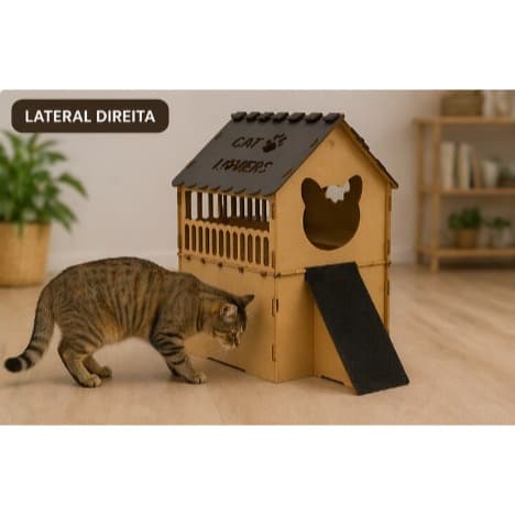Casa Felino MDF 2 Andares Toca Gato Grande Rampa Lateral Pet Brinquedo Interativo Casinha Luxo