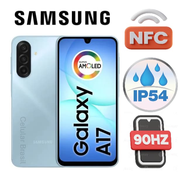 Celular Samsung A17 128Gb 4Gb Ram NFC IA 4G Tela Super Amoled 90Hz IP54 Câmera Tripla 50MP Azul
